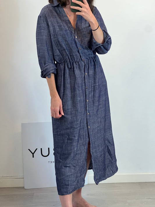 ZARA. Vestido largo denim ligero con lino. T S
