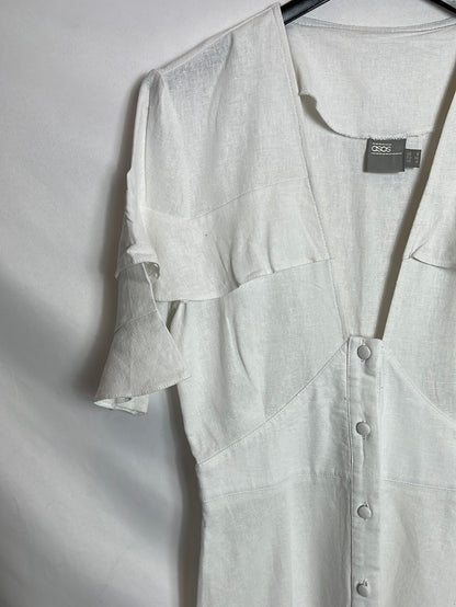 ASOS. Vestido midi lino blanco abotonado. T 36
