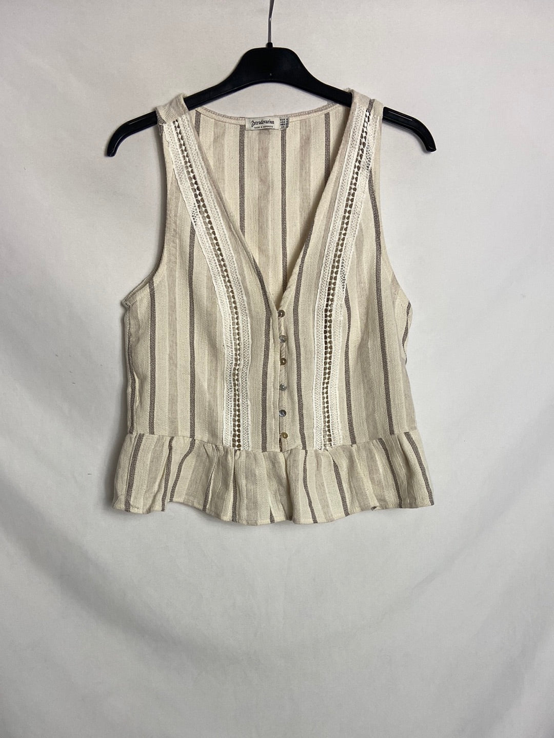 STRADIVARIUS. Top efecto lino beige rayas. T S