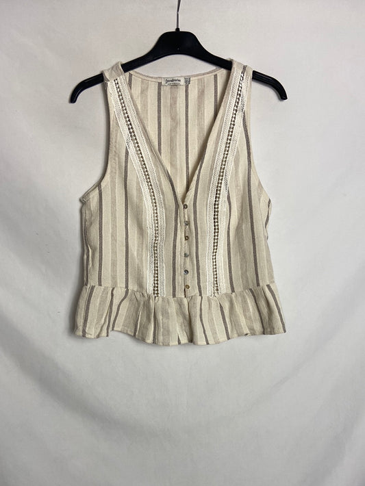 STRADIVARIUS. Top efecto lino beige rayas. T S