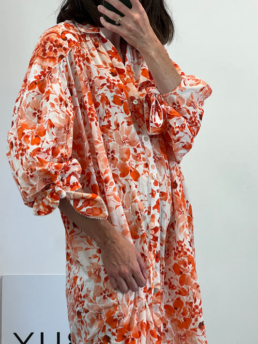 PAOLINA. Vestido camisero flores naranjas Tu(s/m)