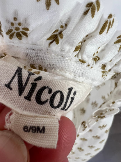 NICOLÍ. Blusa blanca flores verdes T.6-9 meses