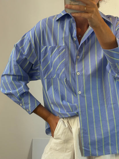 ZARA. Blue shirt with green stripes. XS (S/M)