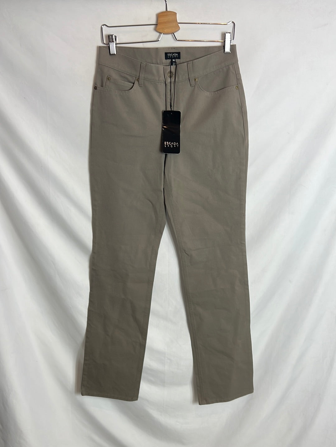 ESCADA SPORT. Taupe stretch straight-leg trousers. Size 38