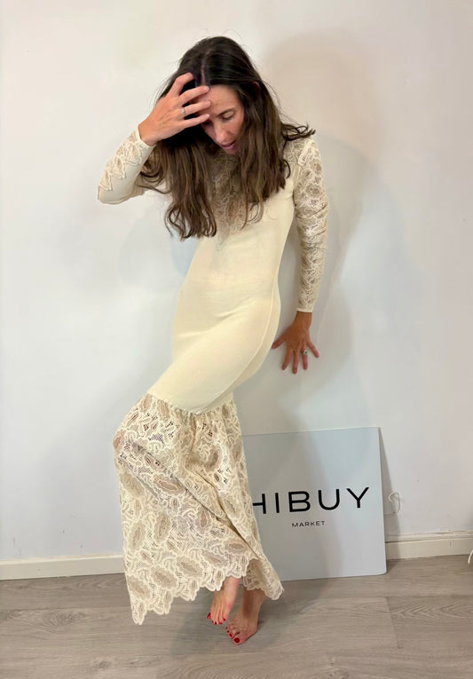 H&M EDITION. Vestido largo beige encaje calado geométrico