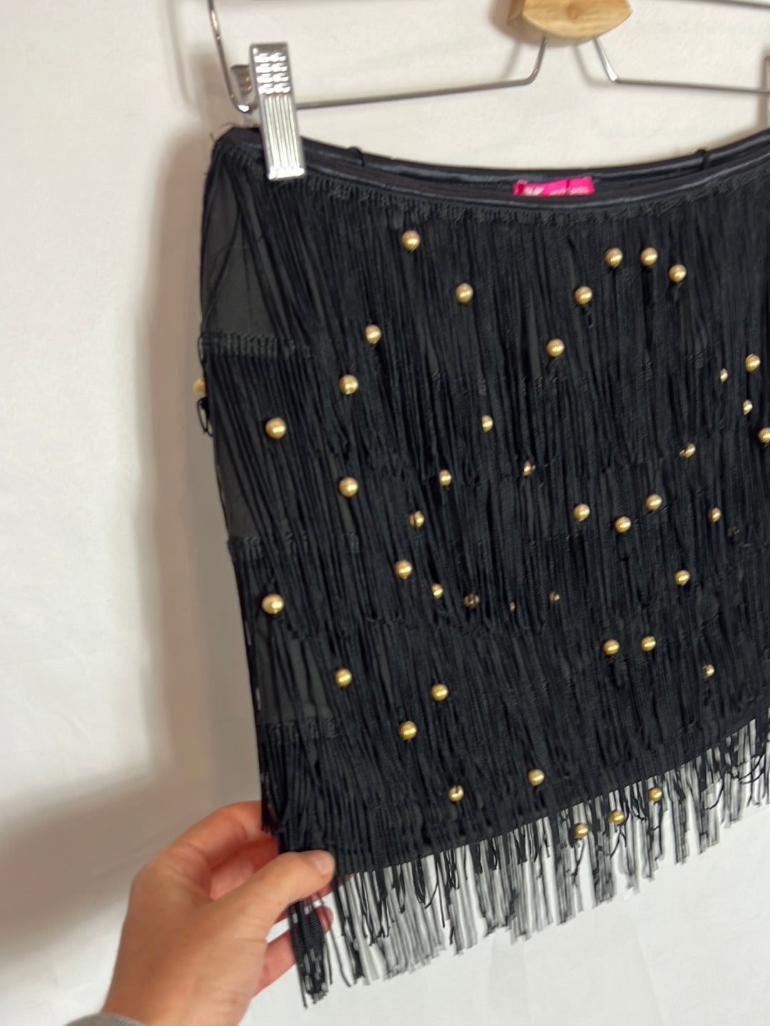 GODDESS. Short black elastic fringe skirt. TM