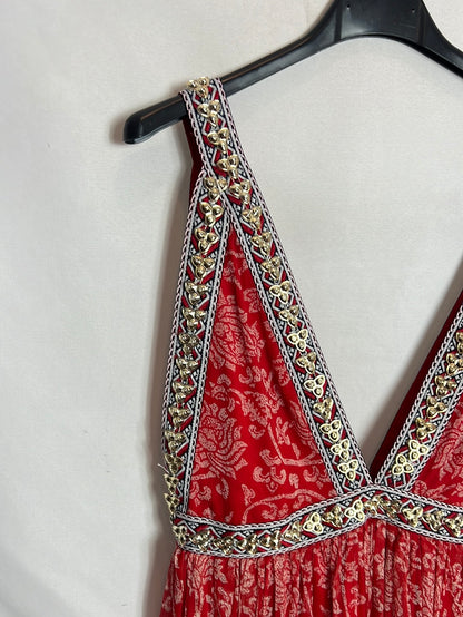 AMOË. Vestido largo rojo estampado detalle escote. T S