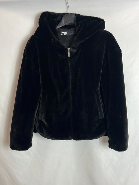 ZARA. Black furry hooded jacket. TS