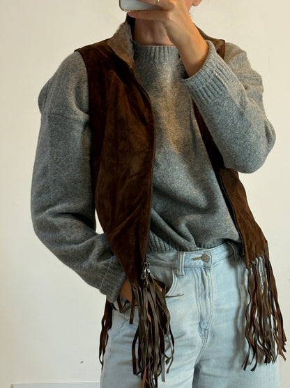 ANTONELLO SERIO. Brown leather vest with fringes. Size 40