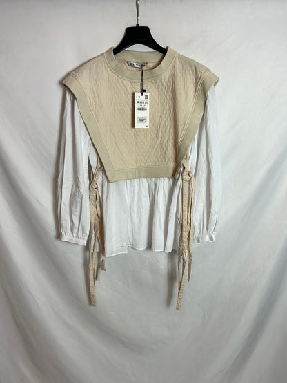 ZARA. White blouse beige top TM