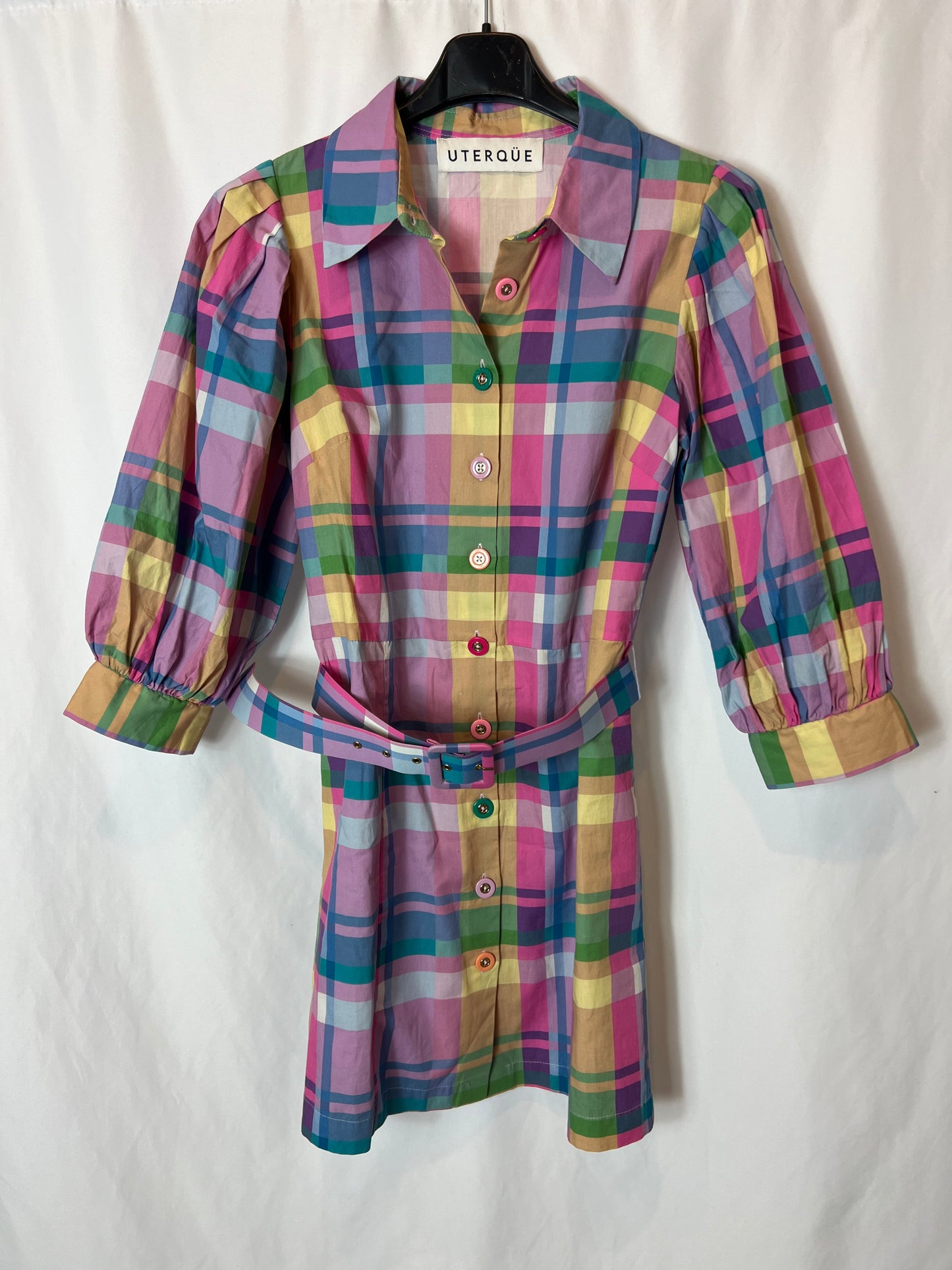 UTERQÜE. Vestido camisero cuadros T.s