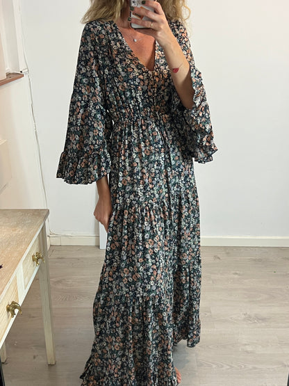 BUGANVILIA. Vestido largo flores volantes. T S/M