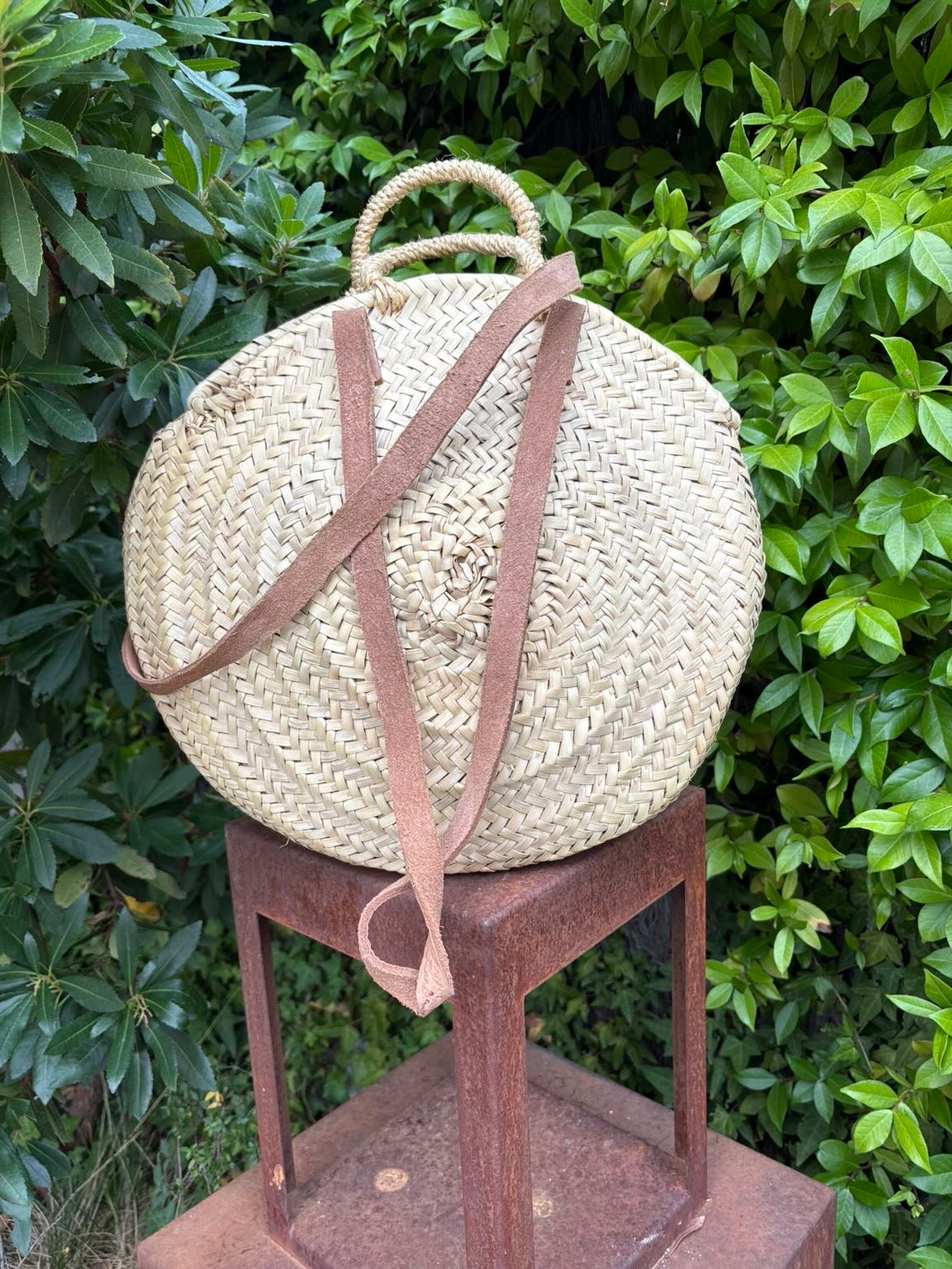 Bolso redondo paja doble asa en piel