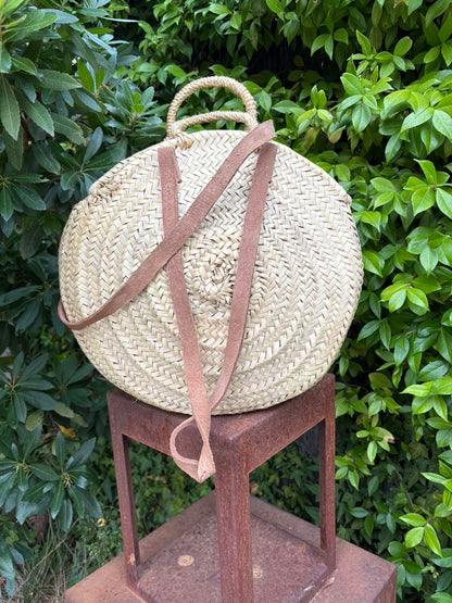 Bolso redondo paja doble asa en piel