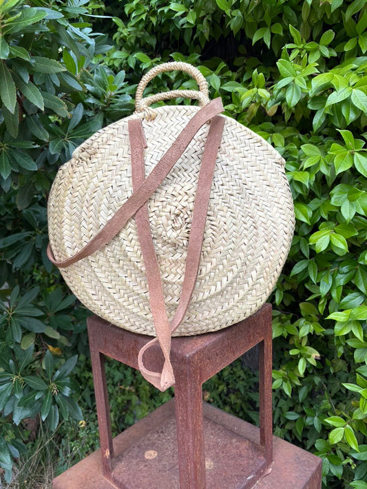 Bolso redondo paja doble asa en piel