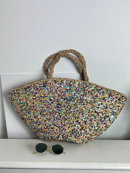 ZARA. Cesta mimbre lentejuelas colores