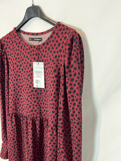 SFERA. Vestido punto burdeos animal print. T S