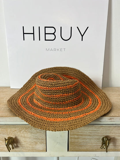 MANGO. sombrero de rafia beige y naranja