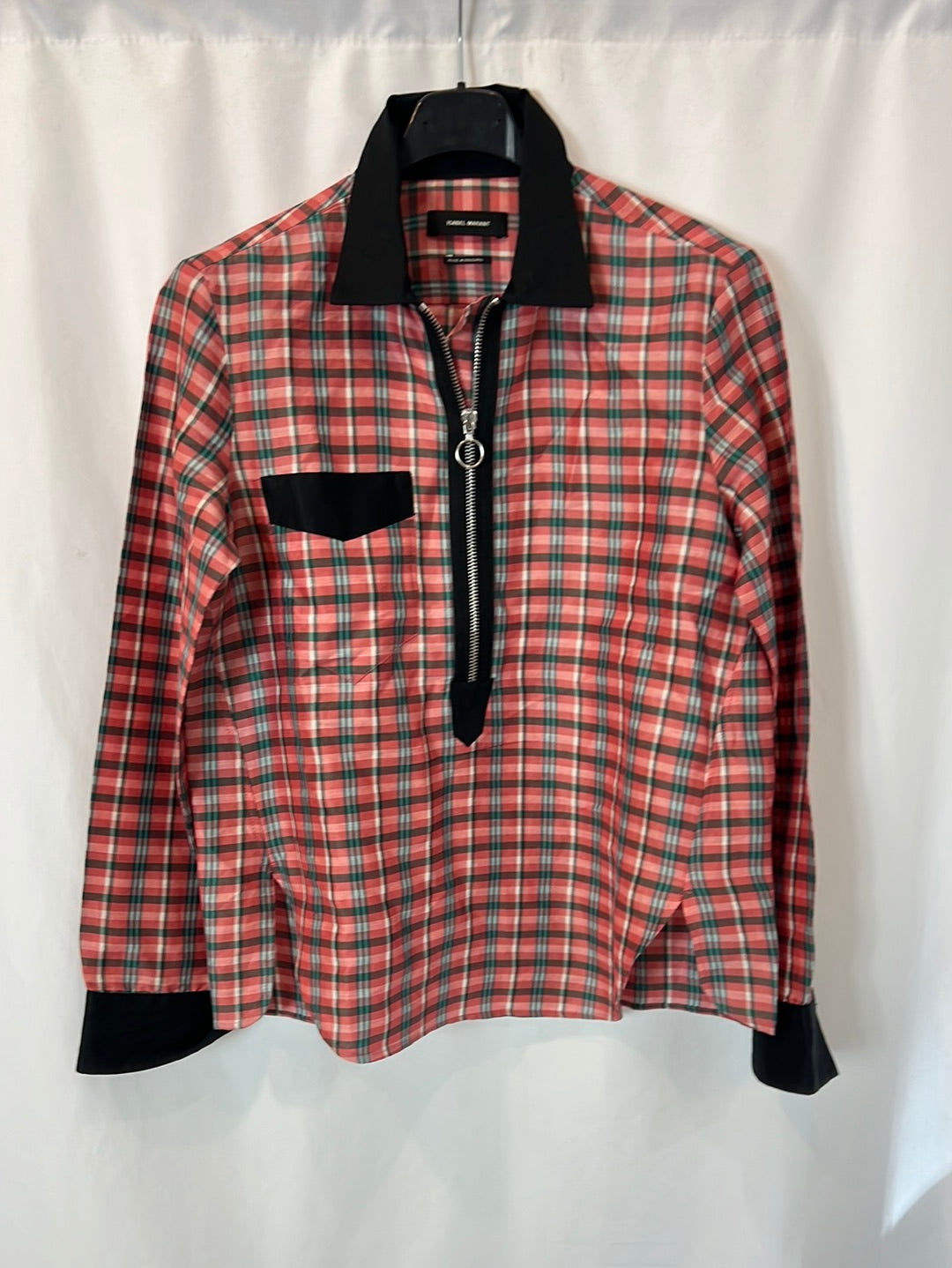 ISABEL MARANT. Checkered silk blouse with zipper. Size 36