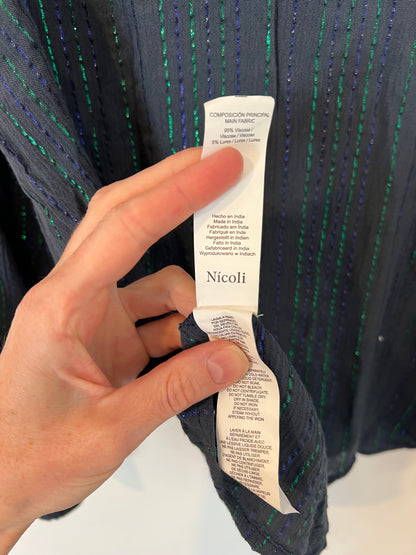 NICOLÍ. Blusa azul textura rayas metálicas T.m