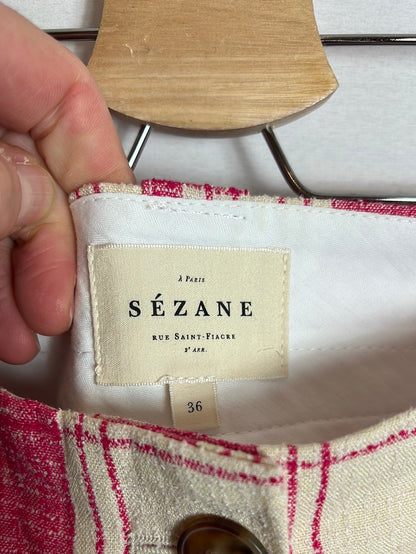 SÉZANE. Pantalón textura cuadros beige y rosa. T 36