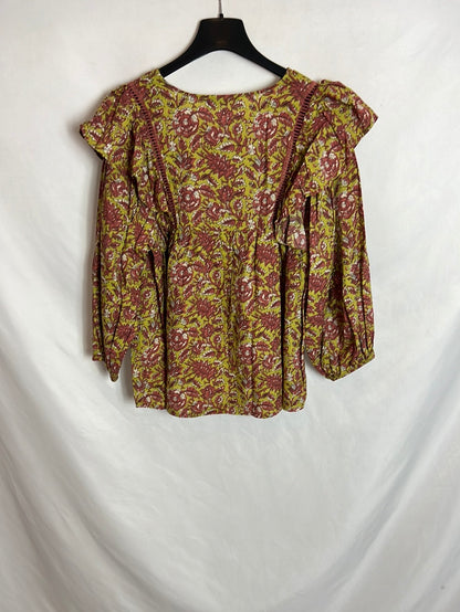 PULL&BEAR. Blusa verde flores T.m