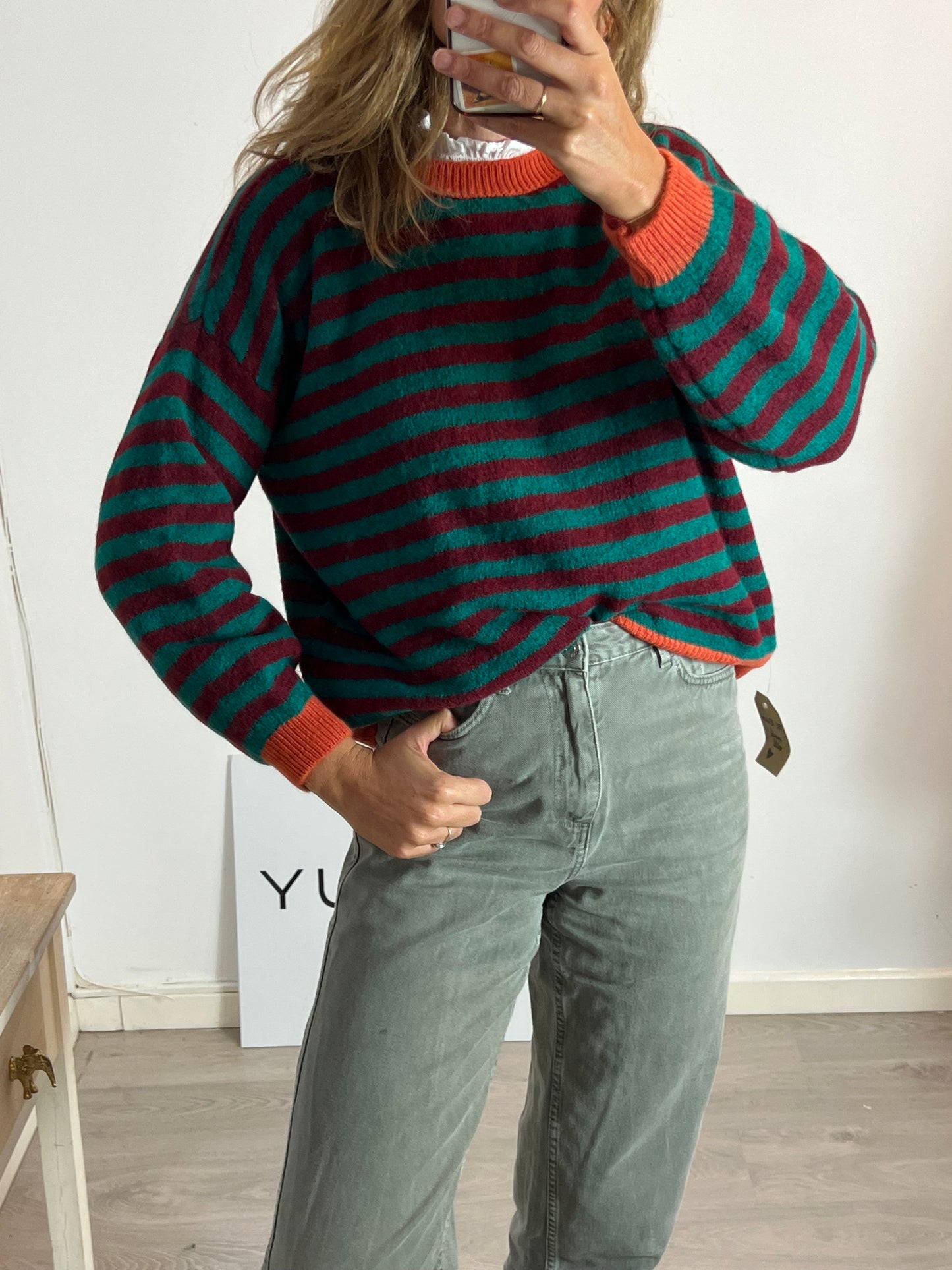 OTHERS. Green and burgundy striped sweater TU(s/m)