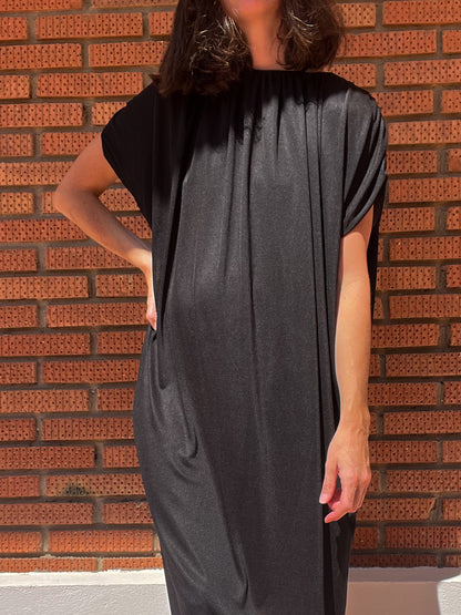 ZARA. Vestido negro escote fruncido punto T.m