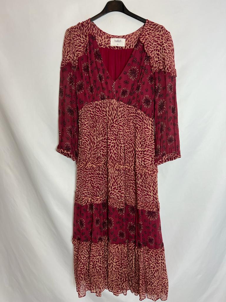BA&amp;SH. Printed burgundy chiffon midi dress. Size 0 (XS/S)
