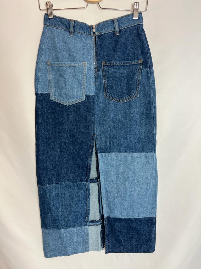 ZARA. Denim midi skirt with patches. T XS
