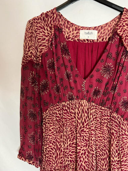 BA&amp;SH. Printed burgundy chiffon midi dress. Size 0 (XS/S)