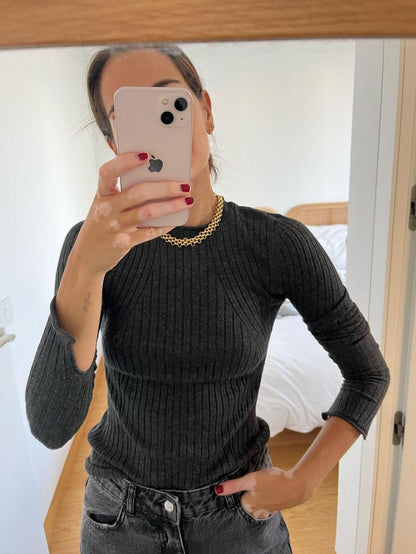 ZARA. Jersey gris canalé T.m