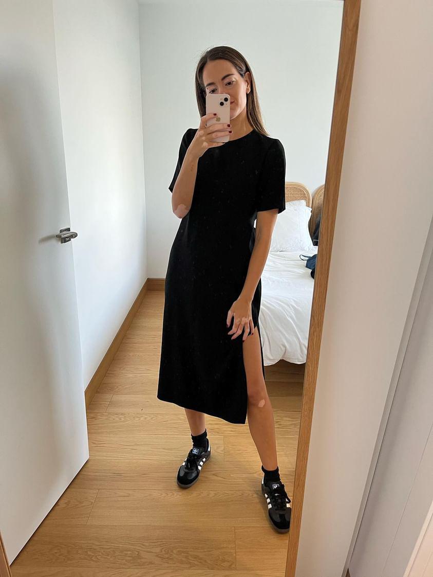 ZARA. Vestido midi negro lazada T.s