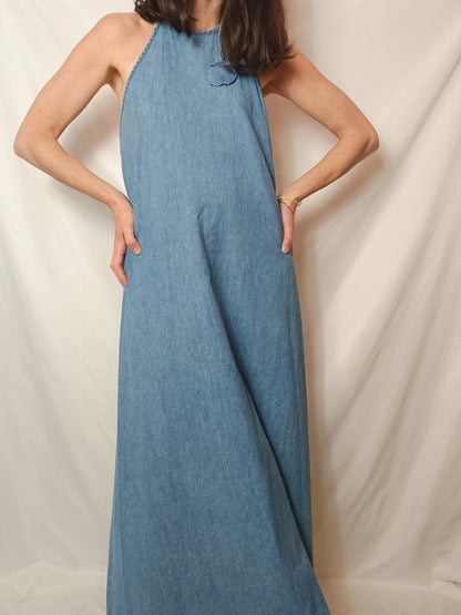 ZARA. Vestido denim midi cuello halter. T M