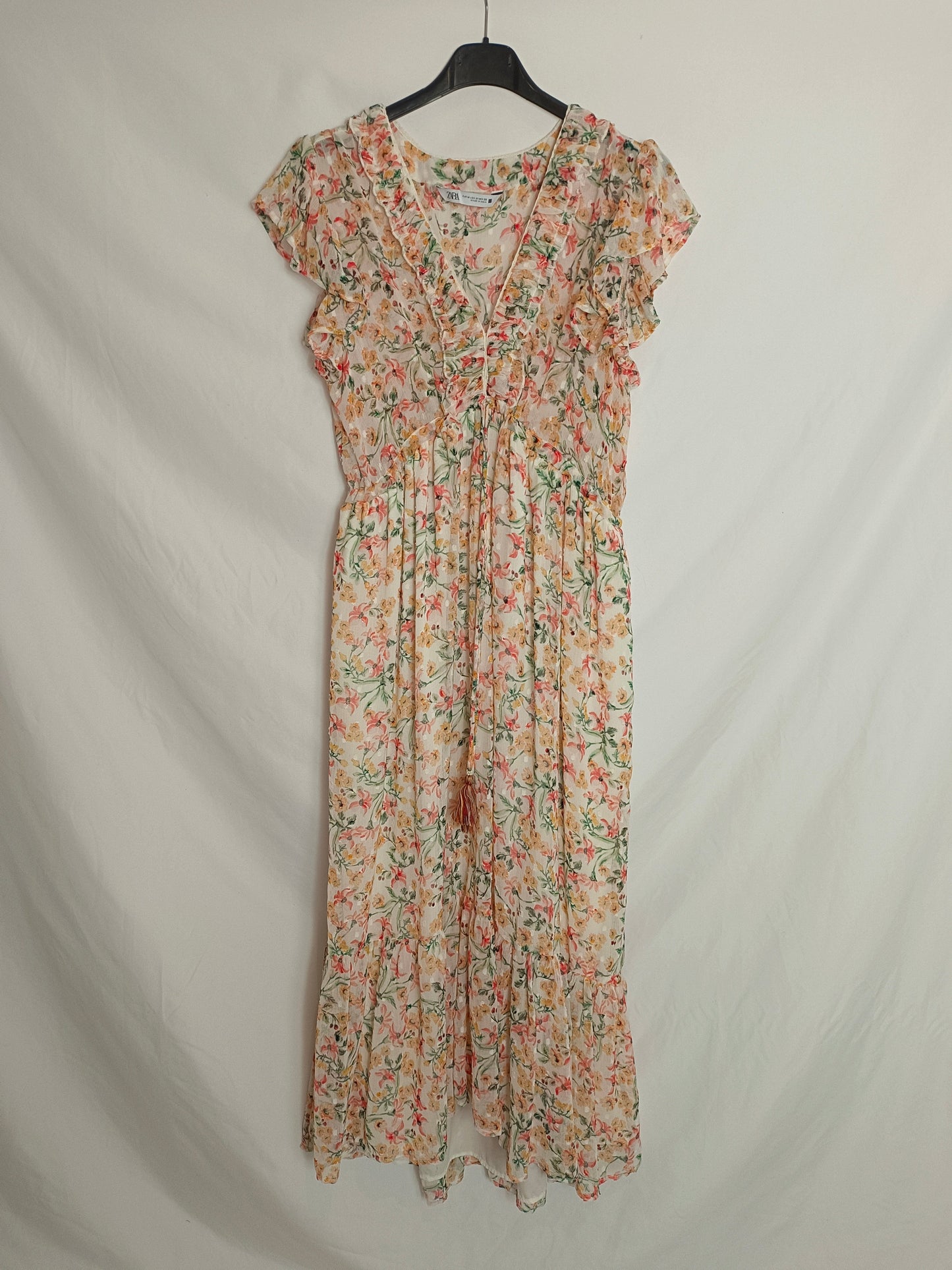 ZARA. Vestido midi beige flores t.m