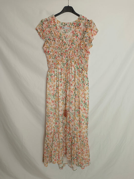 ZARA. Vestido midi beige flores t.m