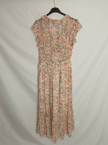 ZARA. Vestido midi beige flores t.m