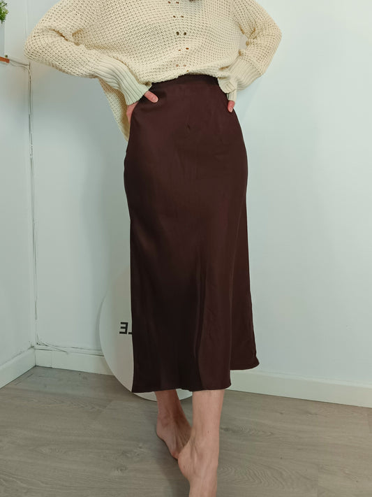 PARFOIS. Falda midi marrón satinada T.xs/s