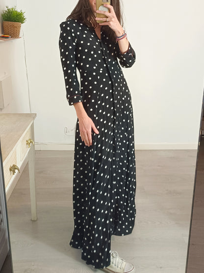 ZARA. Vestido negro largo lunares. T S