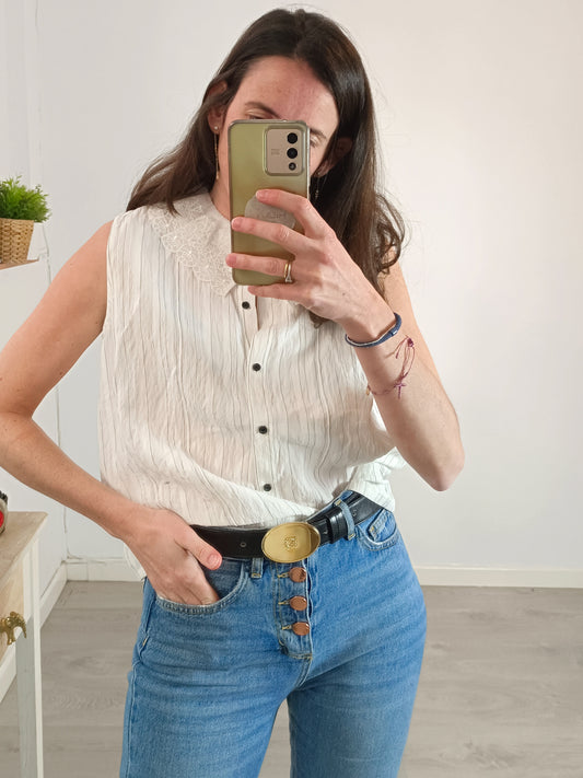 SESSUN. Blusa blanca cuello encaje T.s