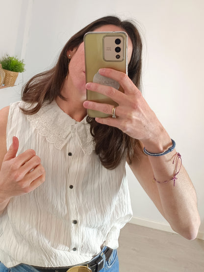 SESSUN. Blusa blanca cuello encaje T.s