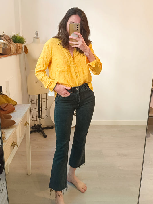 ZARA. Pantalón denim cropped negro efecto desgatado. T 34