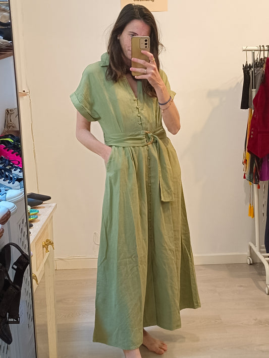ZARA. Vestido largo verde abotonado T.s