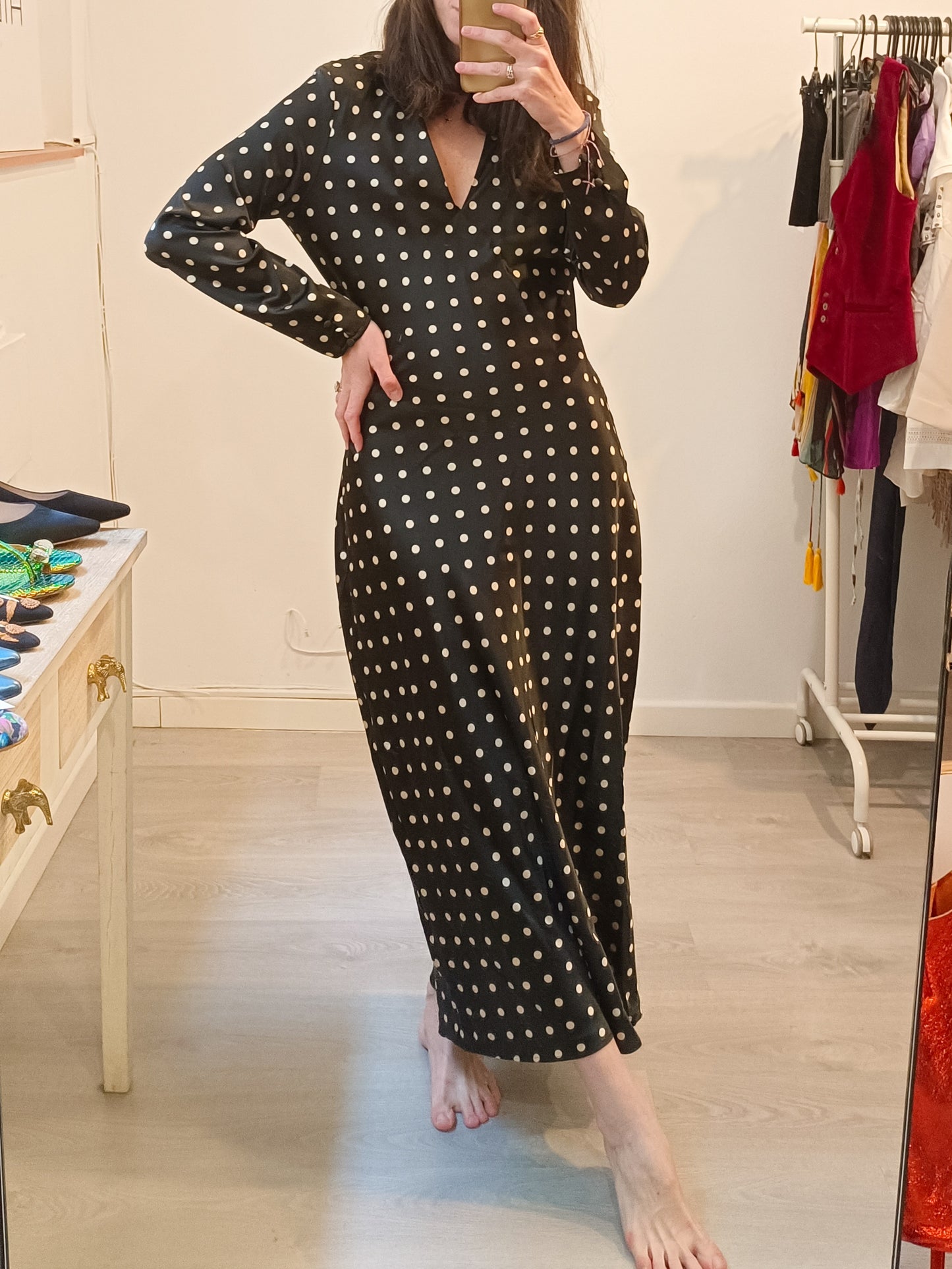 zara black polka dot midi dress Zara - Polka Dot Poplin Midi Dress - Black / White - Xl