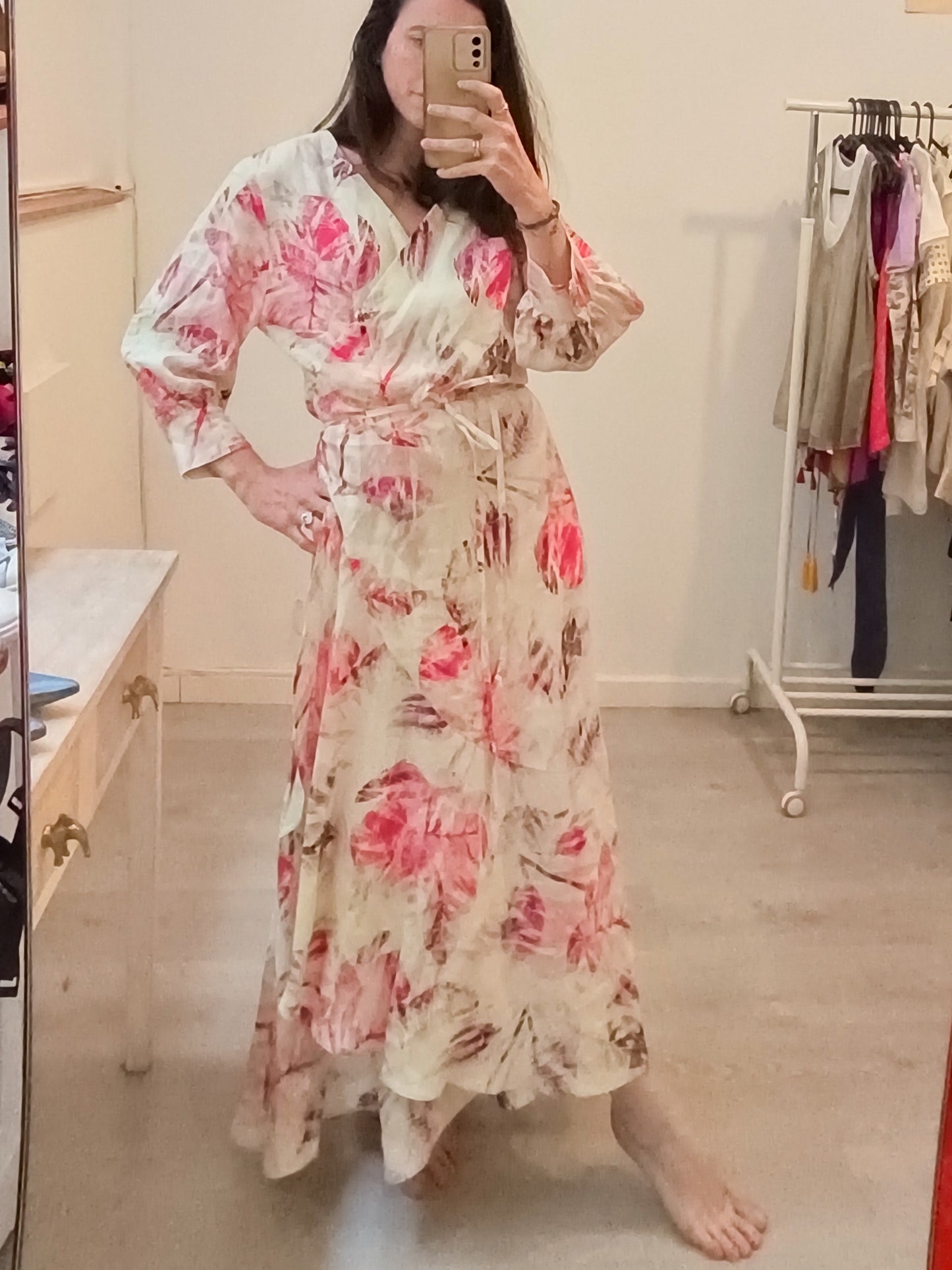 MIMOKI. Floral linen wrap dress. XS