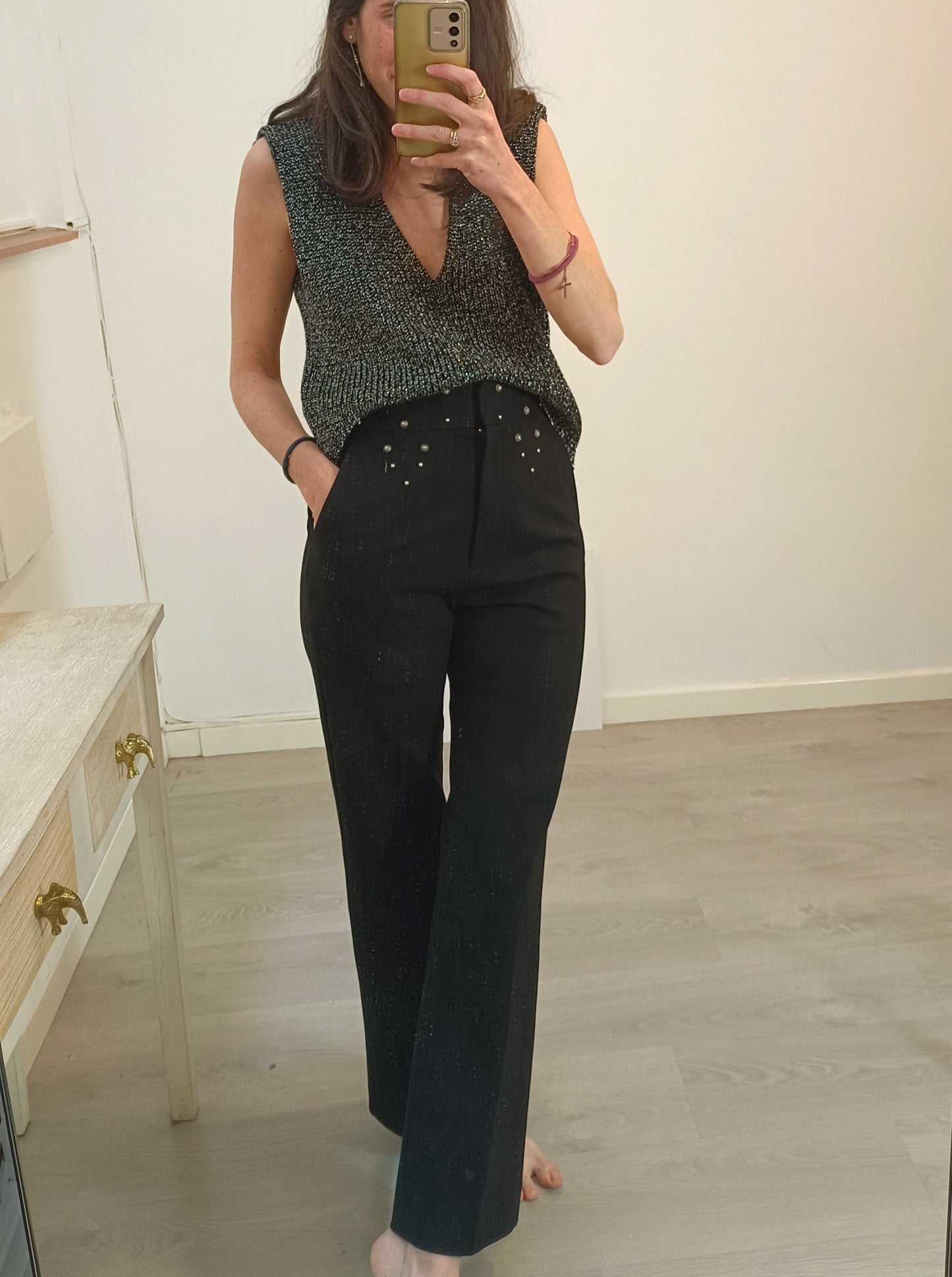 SANDRO. Wide-leg black studded trousers, size 34