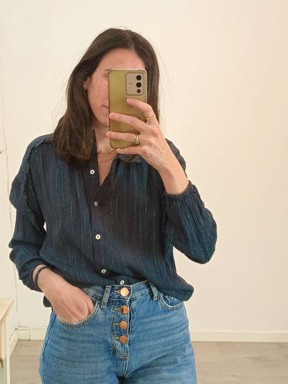 NICOLI. Blusa azul detalles hilos metálicos T.s