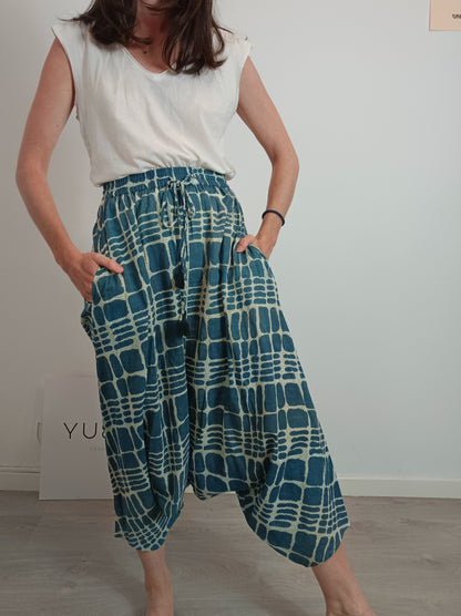 FABINDIA. Blue baggy pants with Ts print