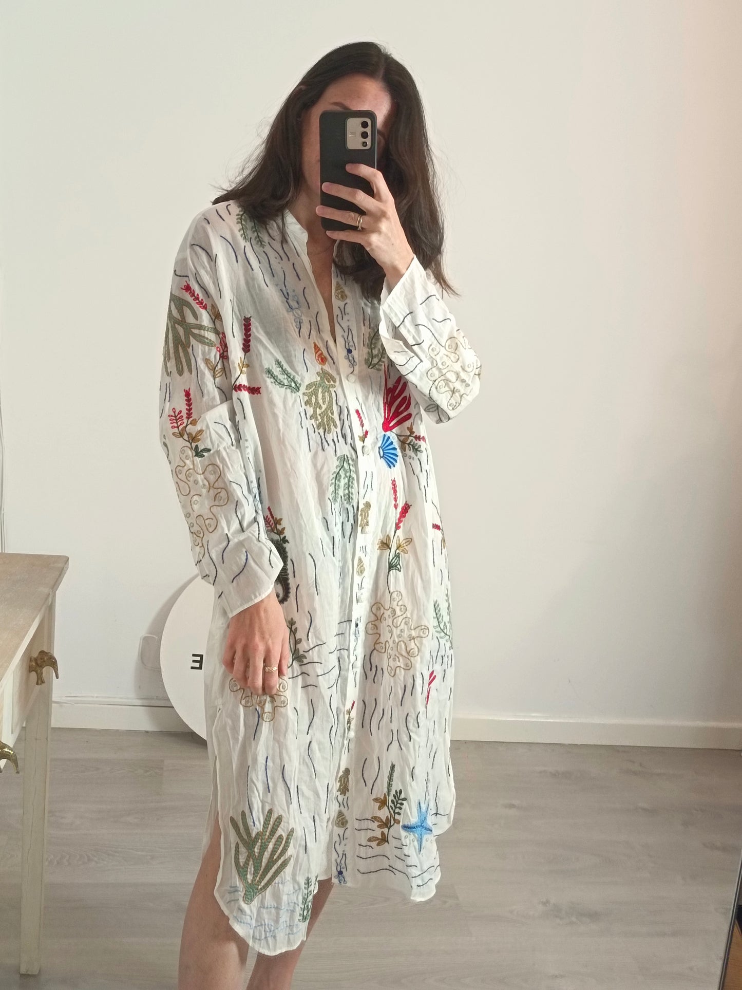ZARA. Embroidered midi shirt dress. XS (S/M)