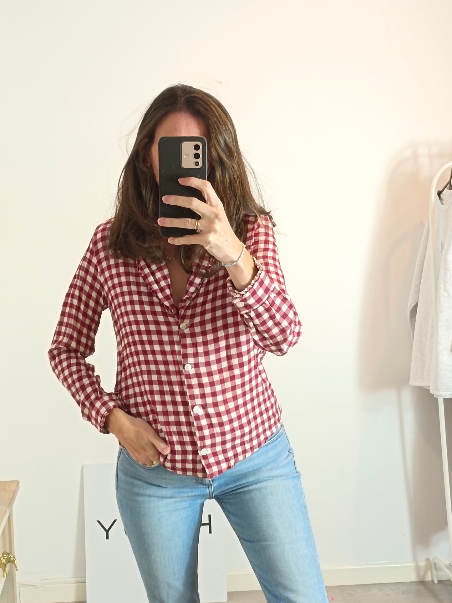 CHIRIBITA. Burgundy checked blouse size 34